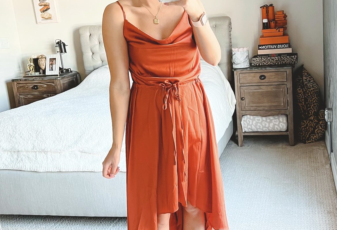 amazon rust tie waist midi cocktail dress with clear heels