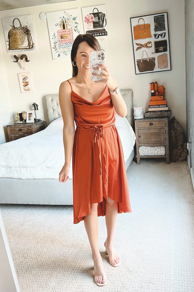 amazon rust tie waist midi cocktail dress with clear heels