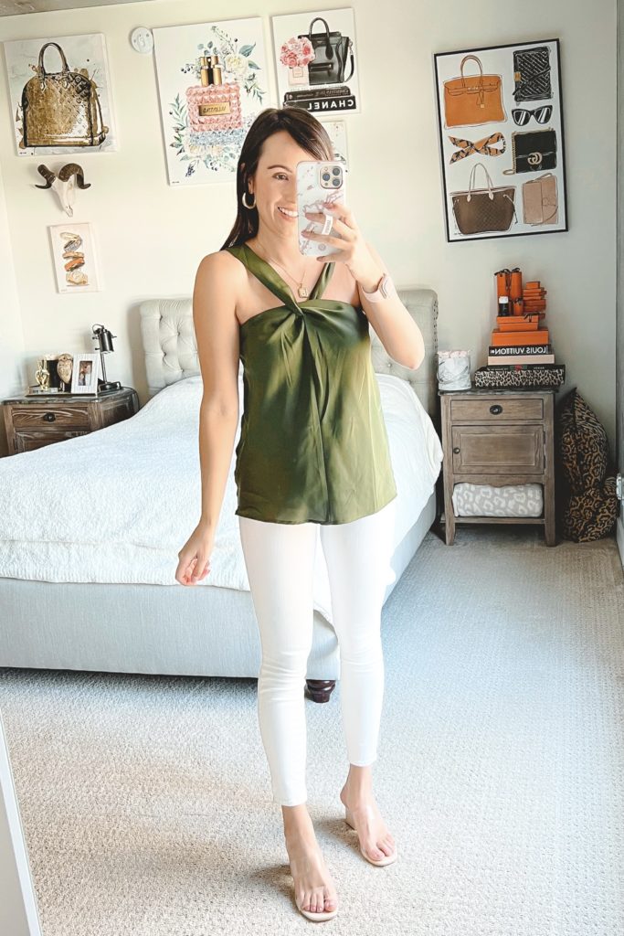 amazon olive green halter tank with white jeans and clear heels