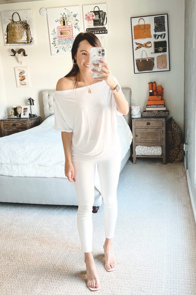 amazon white off the shoulder tee with white jeans and clear heels
