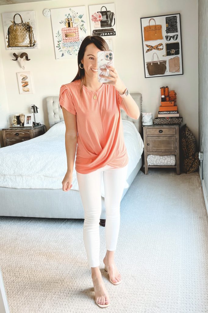 amazon coral twist front tee with white jeans and clear heels