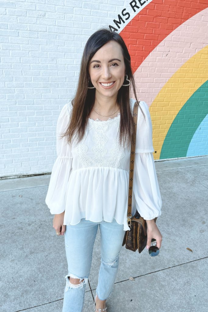 joyfolie white lace blouse with mother denim