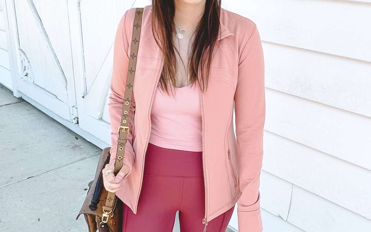 lululemon define jacket pink savannah with power thru leggings mulled wine