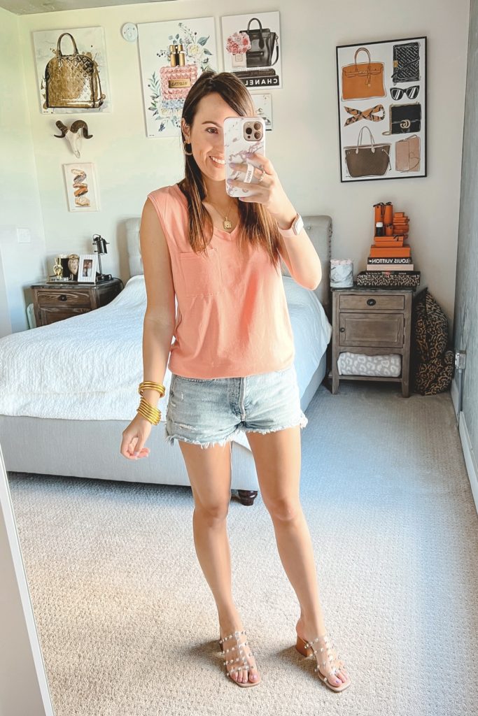 amazon coral pocket tank with agolde denim shorts and budhagirl bangles