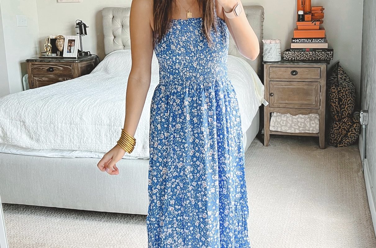 amazon blue floral maxi dress with hermes oran sandals