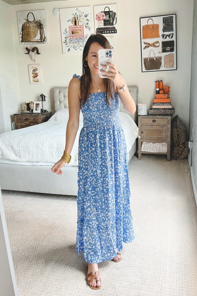 amazon blue floral maxi dress with hermes oran sandals