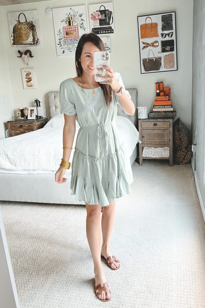 amazon green belted ruffle dress with hermes oran sandals