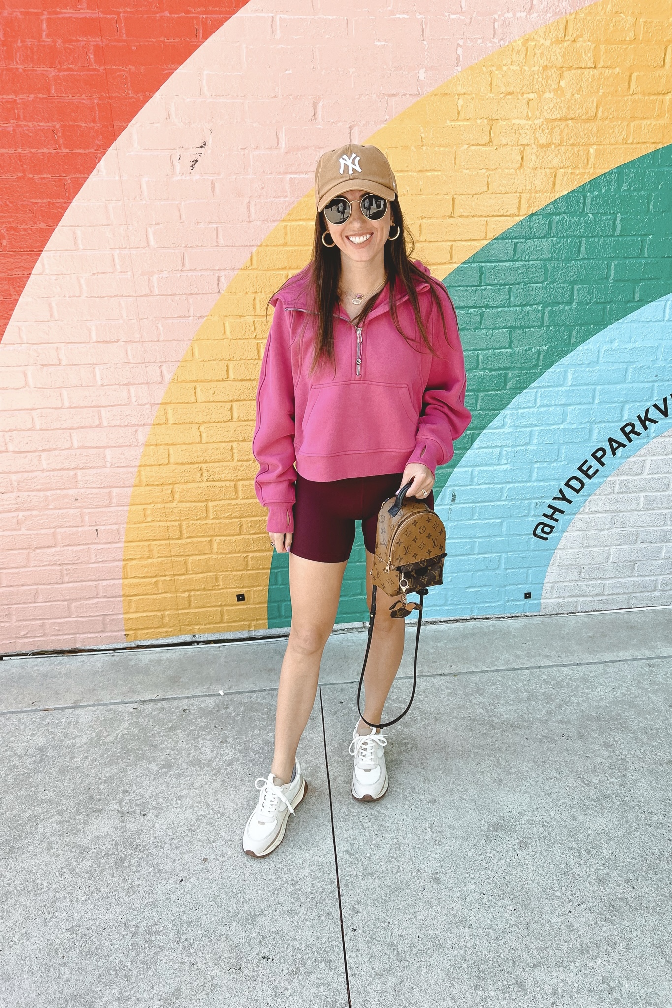 lululemon scuba hoodie pink lychee with lululemon align shorts cassis and louis vuitton palm springs mini
