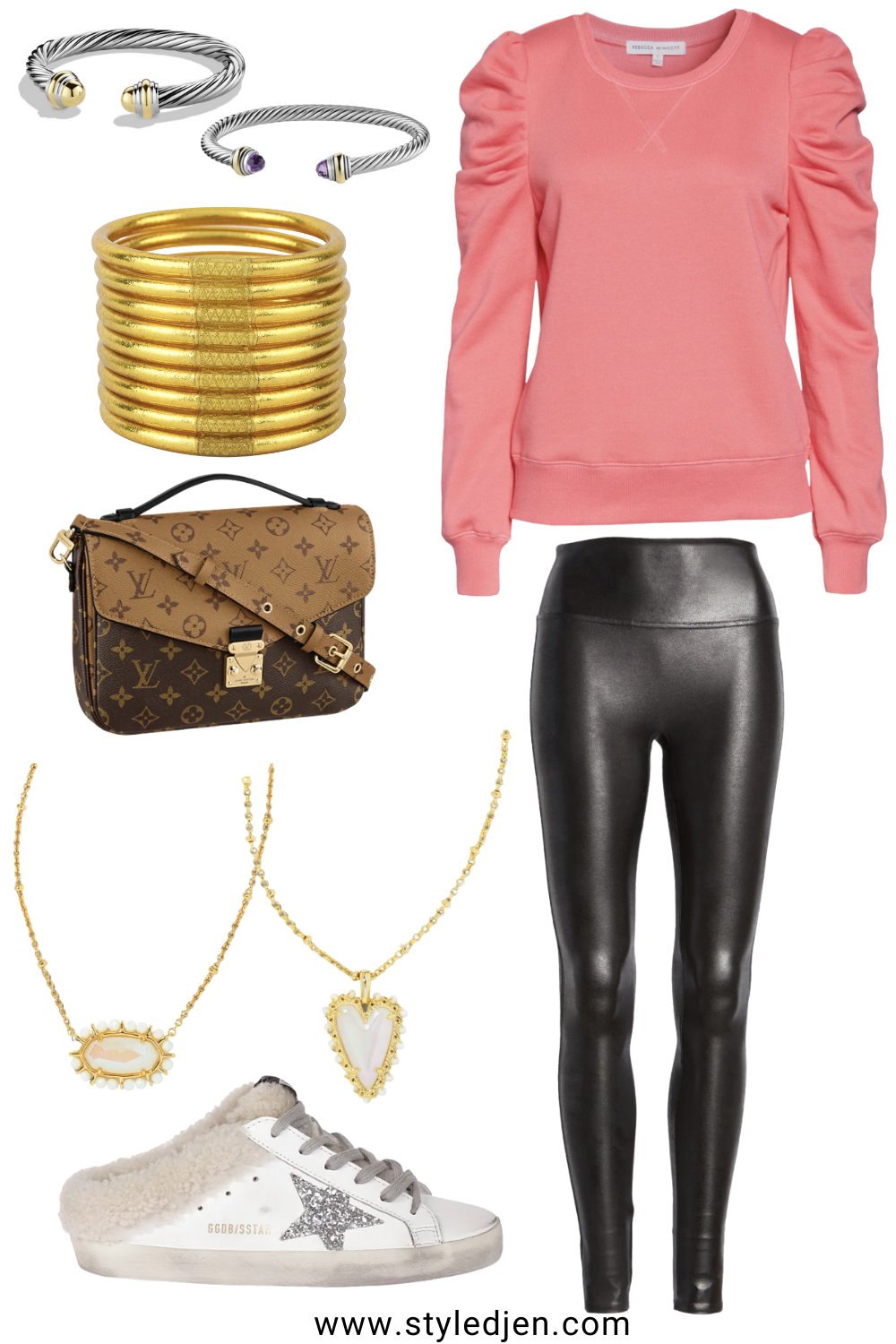 rebecca minkoff puff sleeve sweatshirt with spanx leggings and louis vuitton pochette metis