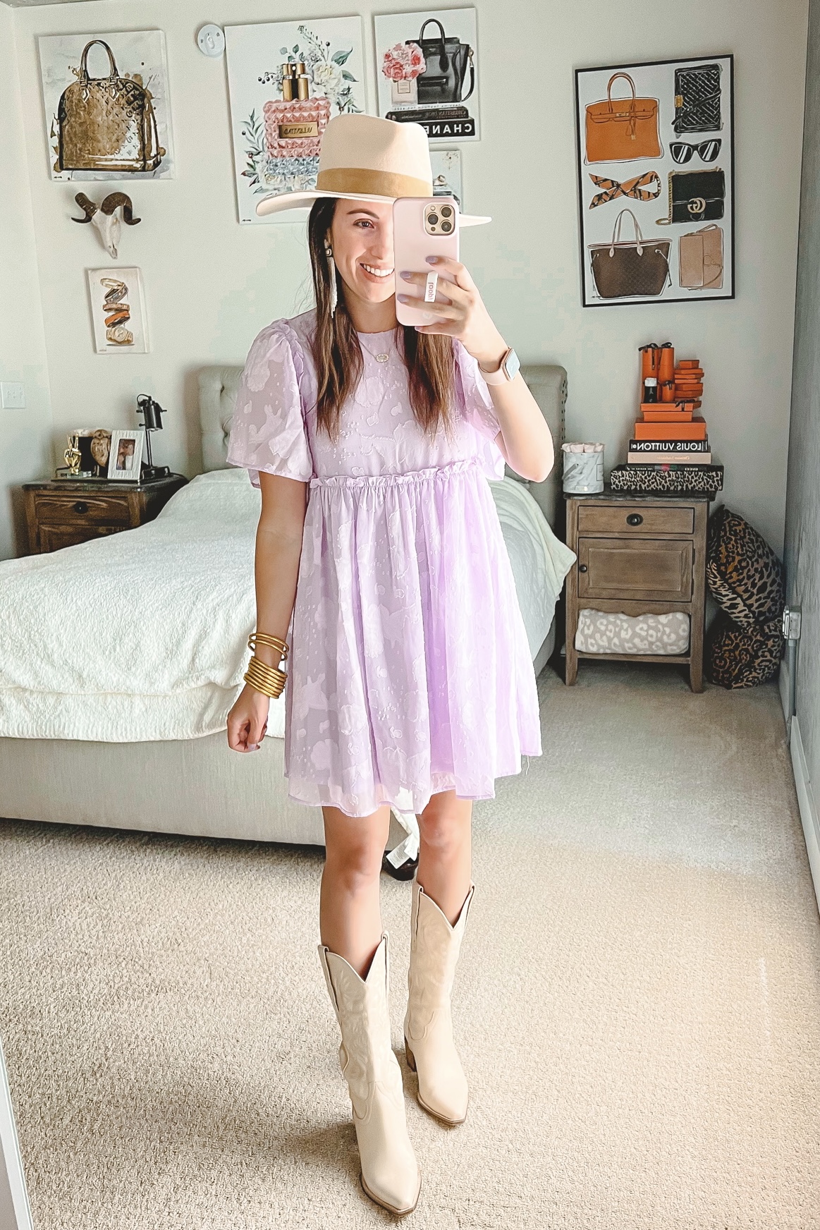 its your turn lavender floral print dress with jeffrey campbell dagget boots