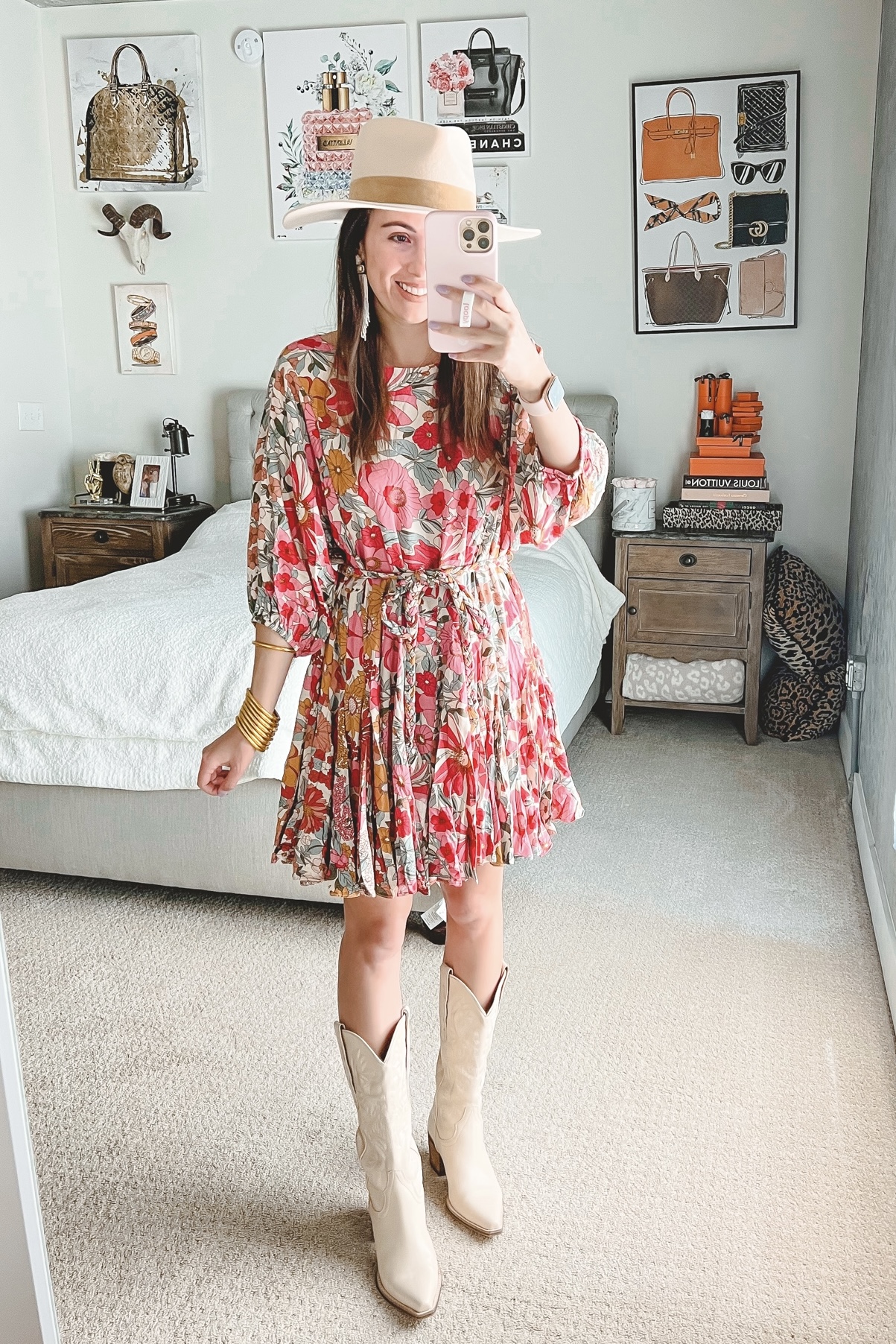 bold bloom pink multi floral dress with jeffrey campbell dagget boots