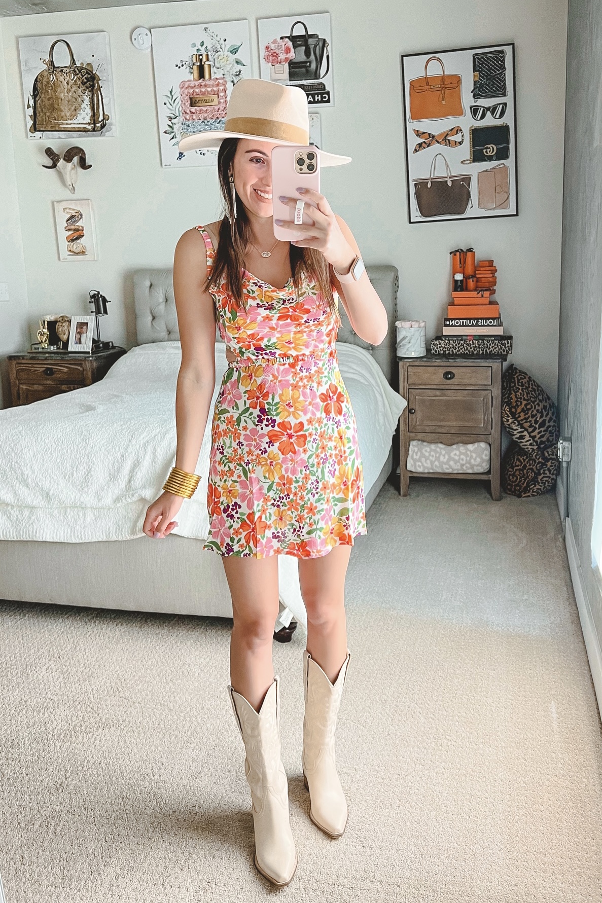 wait for love pink floral print dress with jeffrey campbell dagget boots