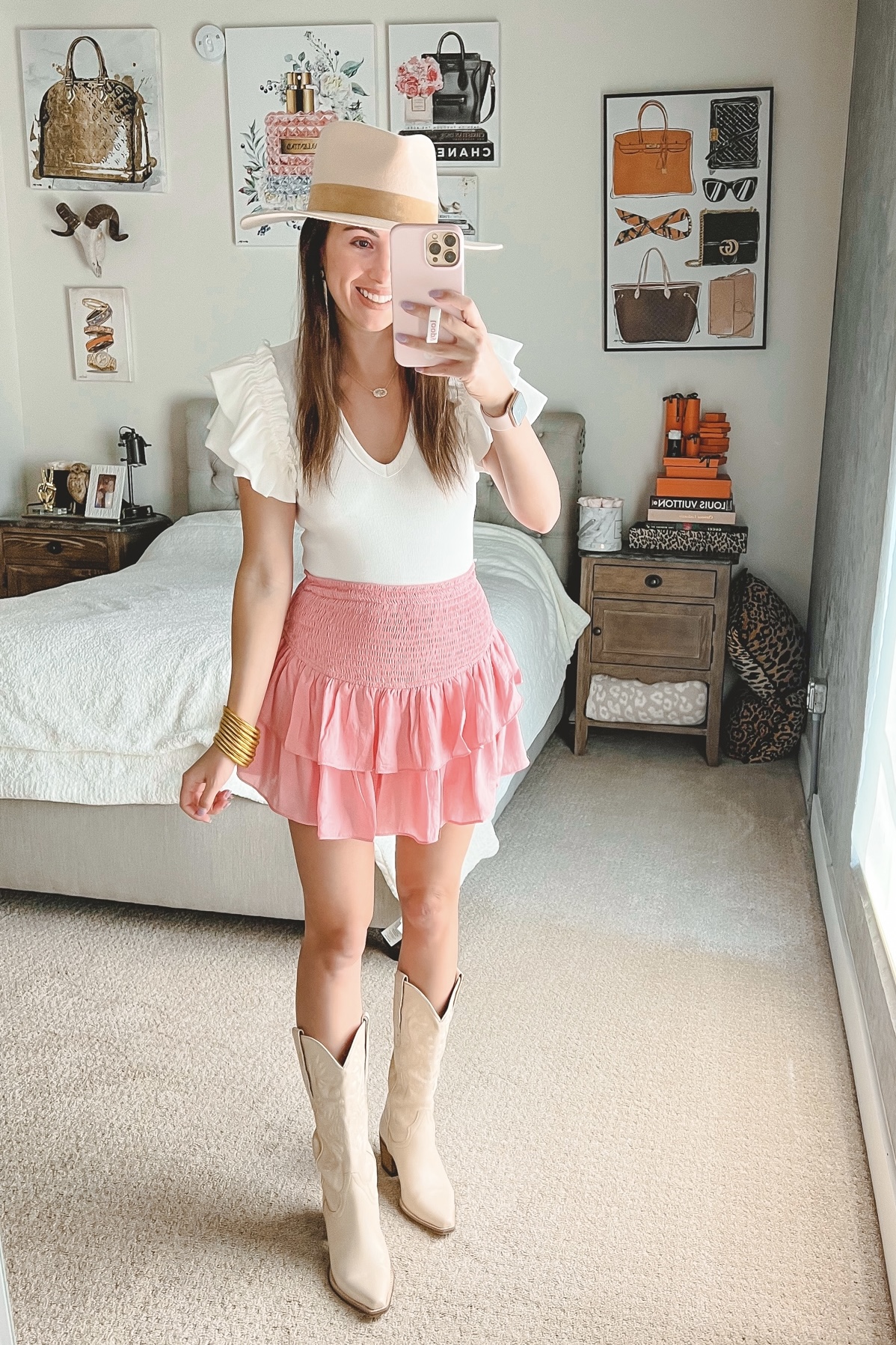 feeling flirty pink skort with express bodysuit and jeffrey campbell dagget boots