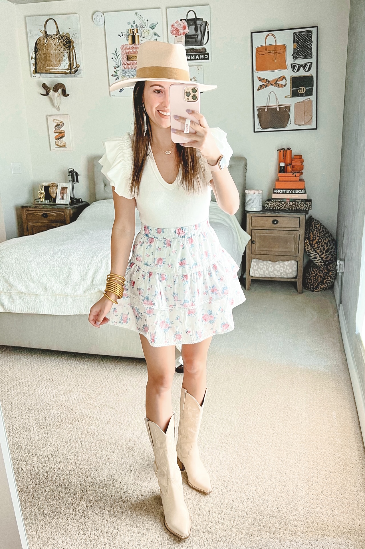 like a rose pink floral print skirt with express bodysuit and jeffrey campbell dagget boots