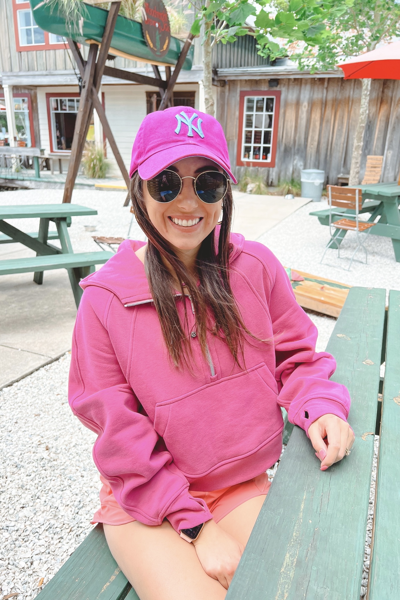 lululemon scuba hoodie pink lychee with pink yankees baseball cap
