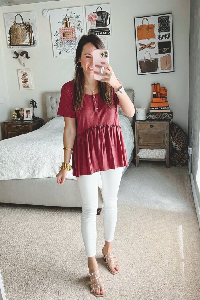 amazon burgundy button tee with white jeans and clear sandals