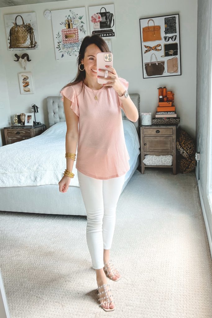 amazon pink waffle knit tee with white jeans and clear sandals