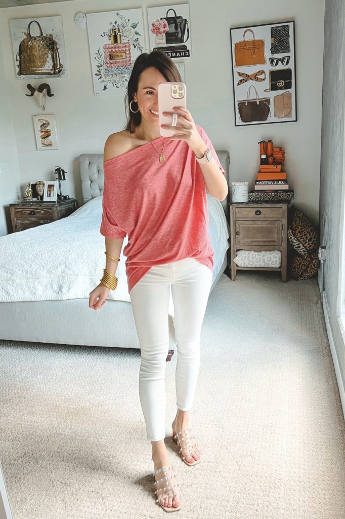 amazon pink off the shoulder tee with white jeans and clear sandals