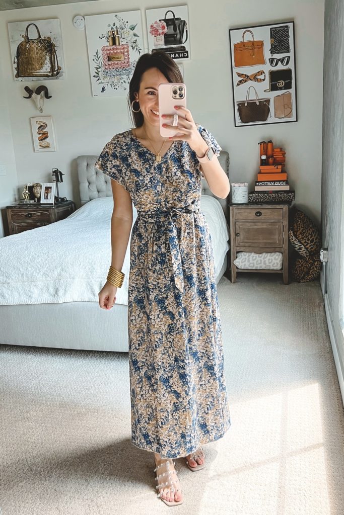 amazon blue floral maxi dress with clear stud sandals and budhagirl bracelets