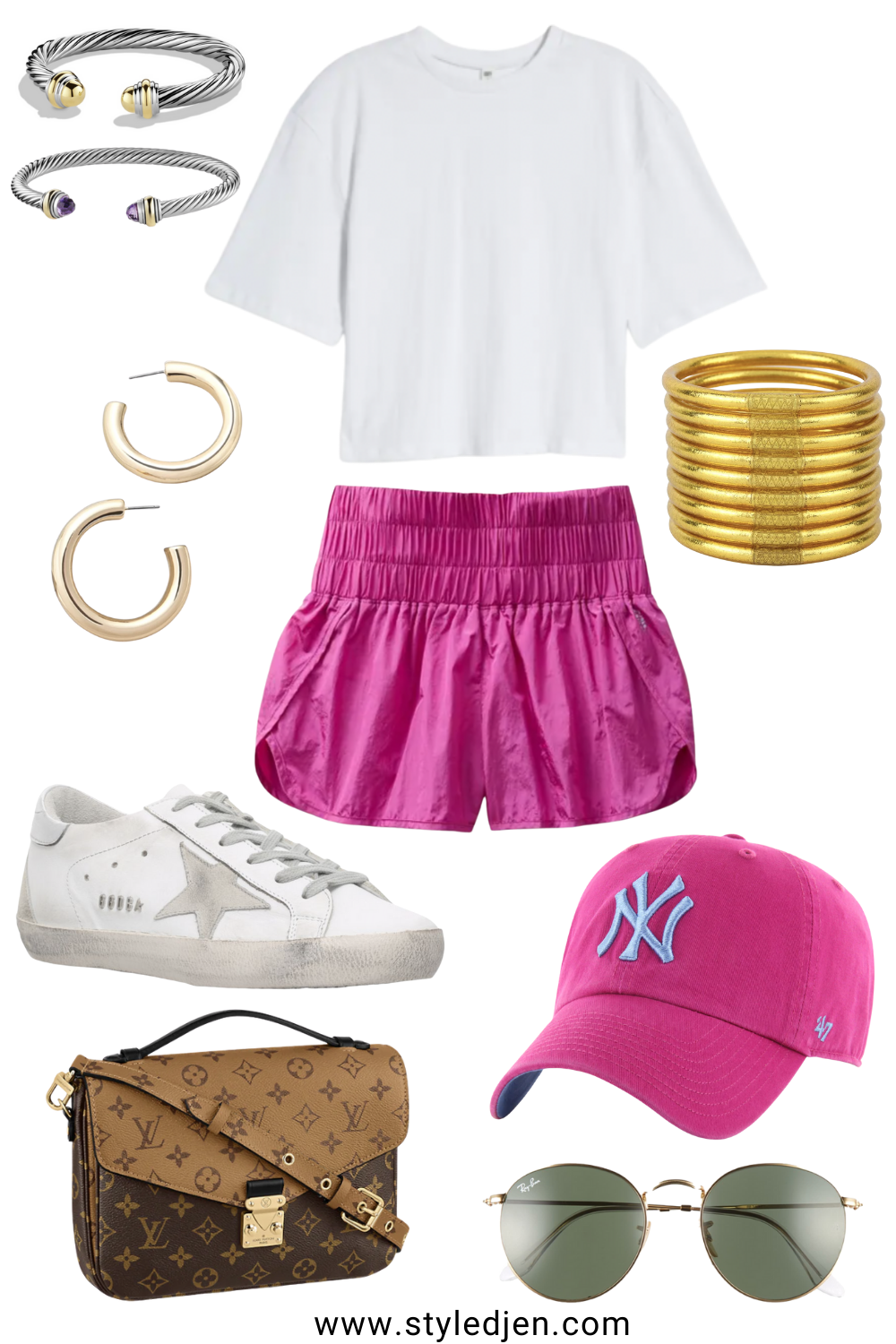 free people way home pink shorts with white tee and yankees hat