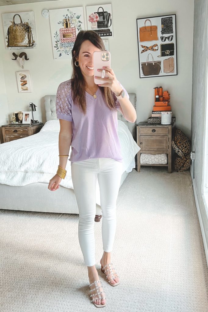 amazon purple lace sleeve tee with white jeans and clear stud sandals
