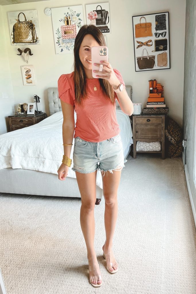 amazon coral top with agolde denim shorts and budhagirl bracelets