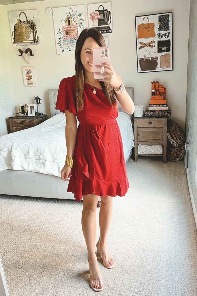 amazon red one shoulder dress with clear sandals