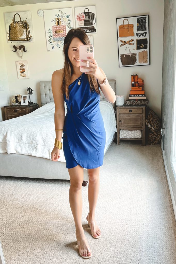 amazon blue one shoulder dress with clear sandals