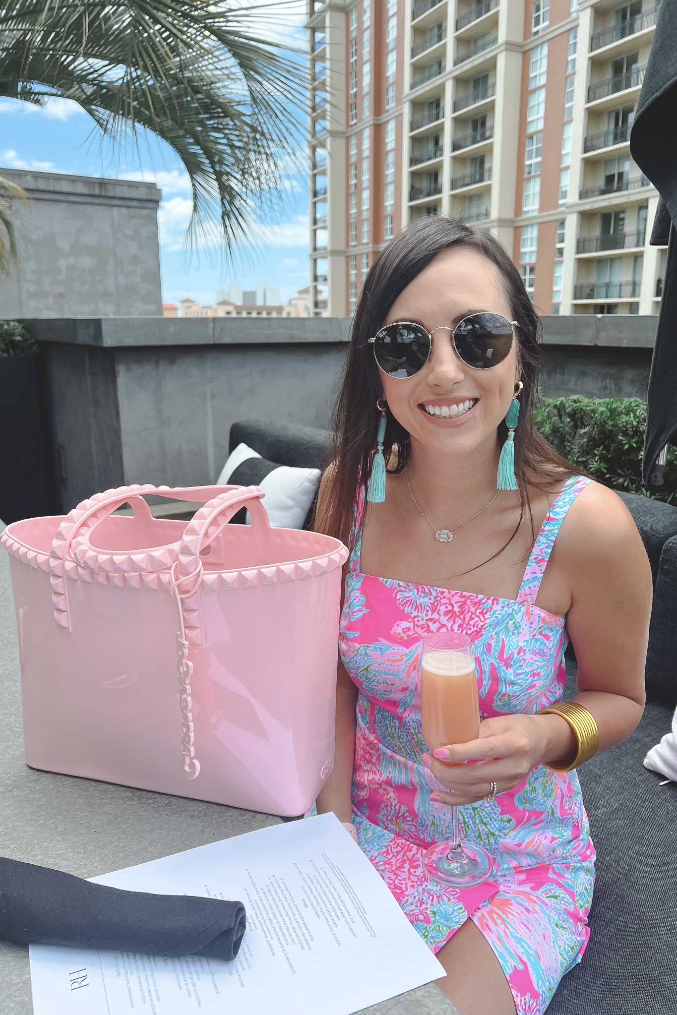 lilly pulitzer lawless romper with carmen sol seba tote and kendra scott jewelry