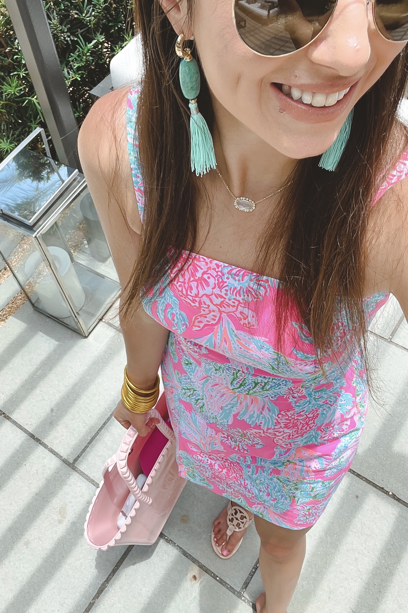 kendra scott insley teal earrings with elisa necklace and lilly pulitzer lawless romper