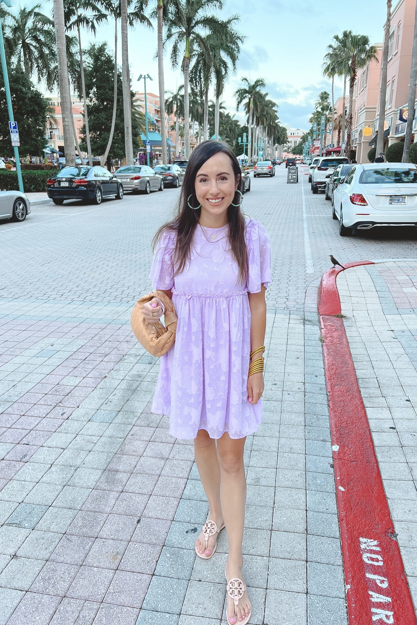 its your turn lavender floral dress with kendra scott insley hoop earrings and tory burch miller sandals