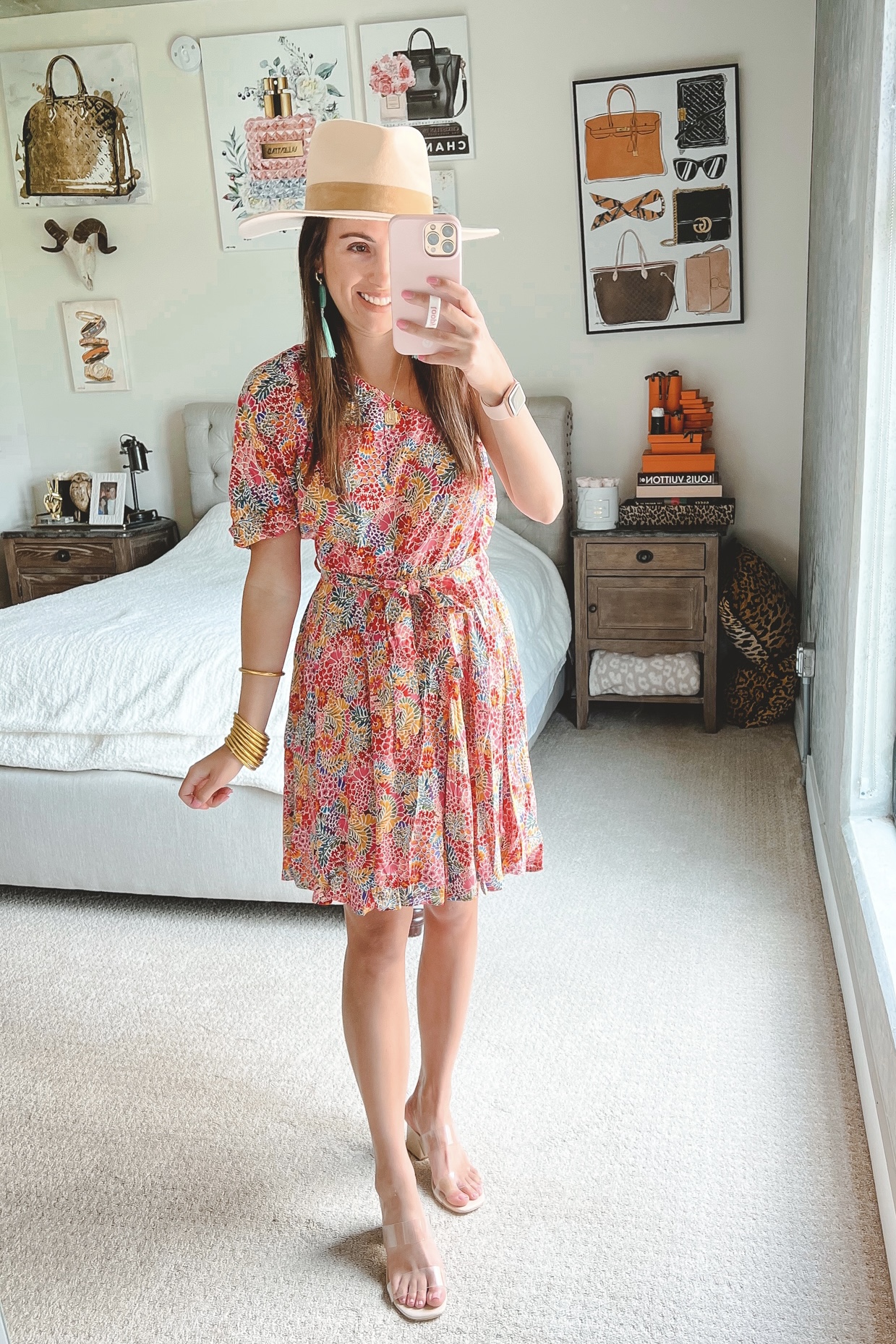 good times ahead pink floral dress with turquoise earrings and clear sandals
