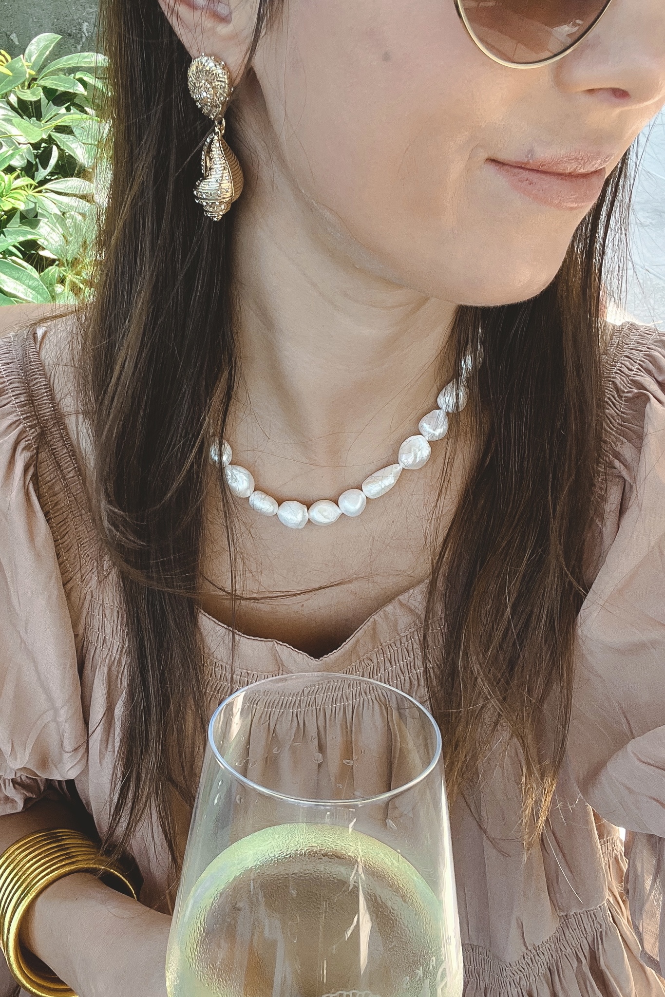 baublebar corsica earrings and pearl necklace
