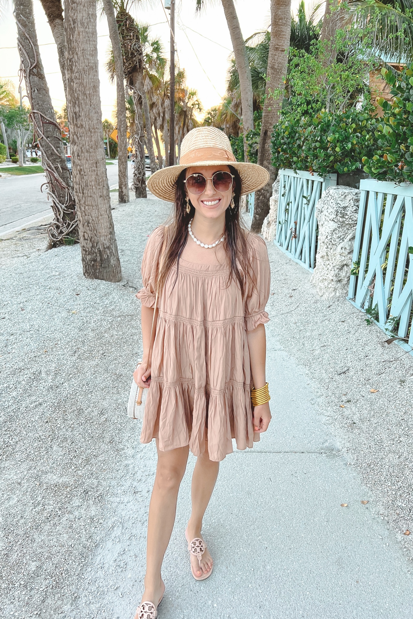 sweet fascination mocha romper with brixton hat and gucci sunglasses