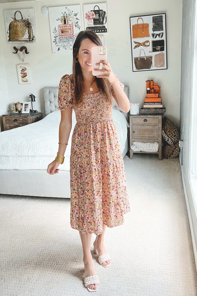 amazon floral smocked waist dress with braided sandals