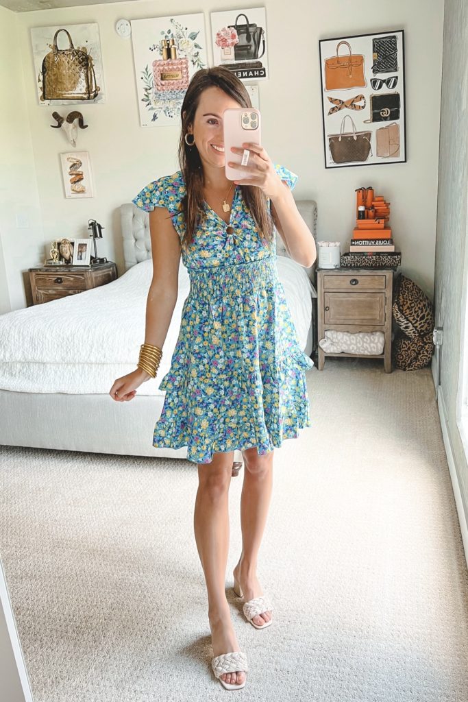 amazon blue floral dress with braided heels