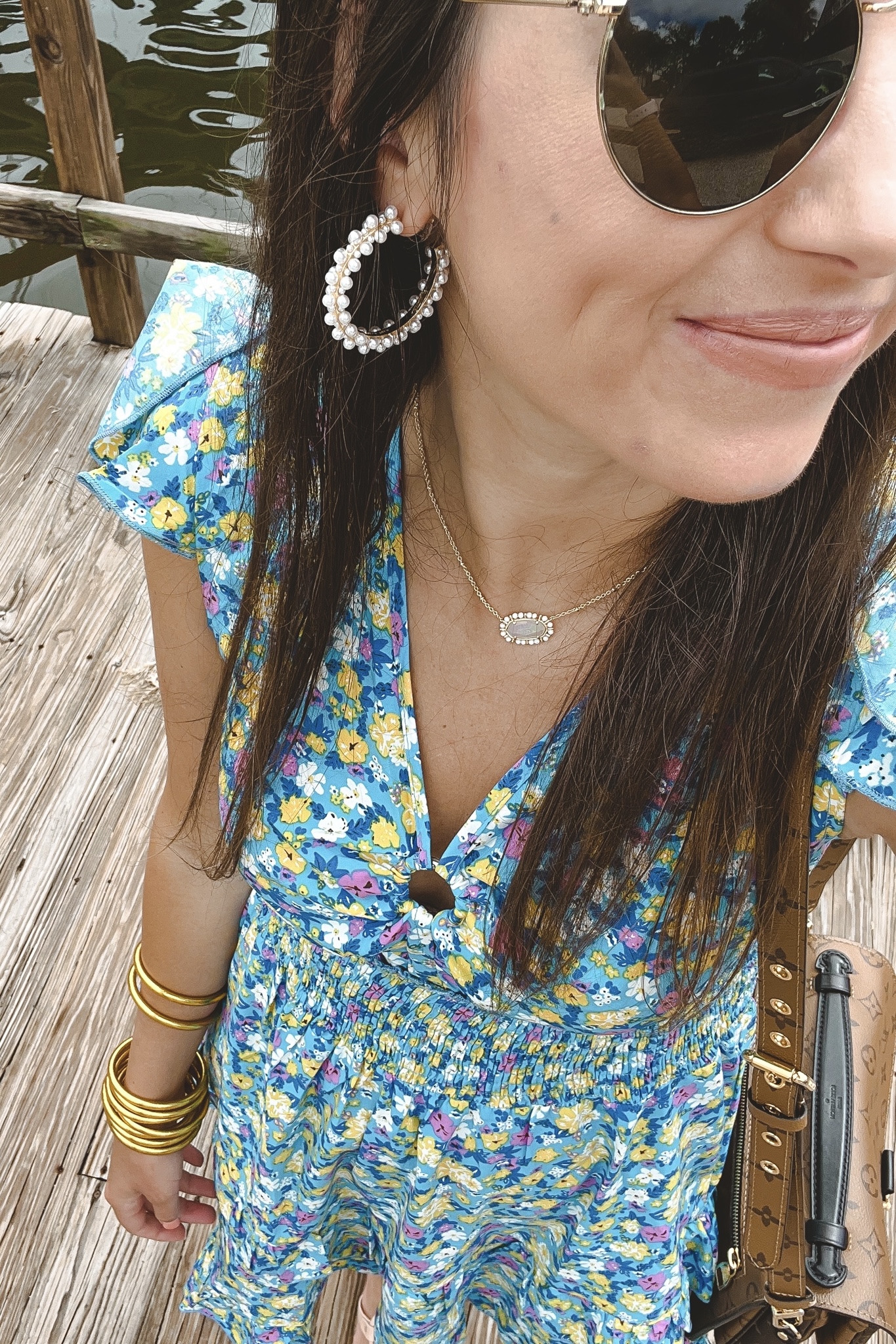 baublebar pearl hoop earrings with kendra scott necklace and blue floral dress