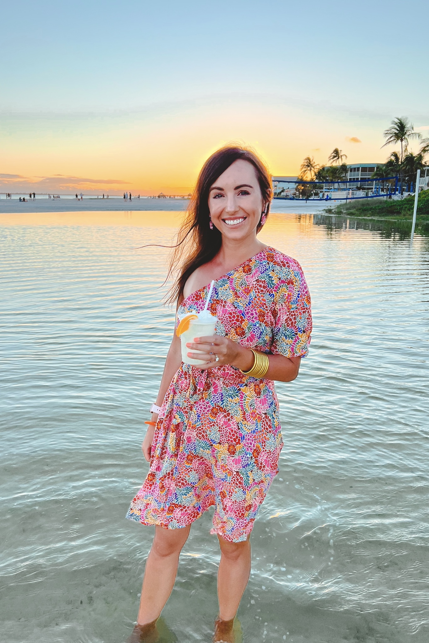 floral one shoulder dress with budhagirl bracelets at fort myers beach sunset