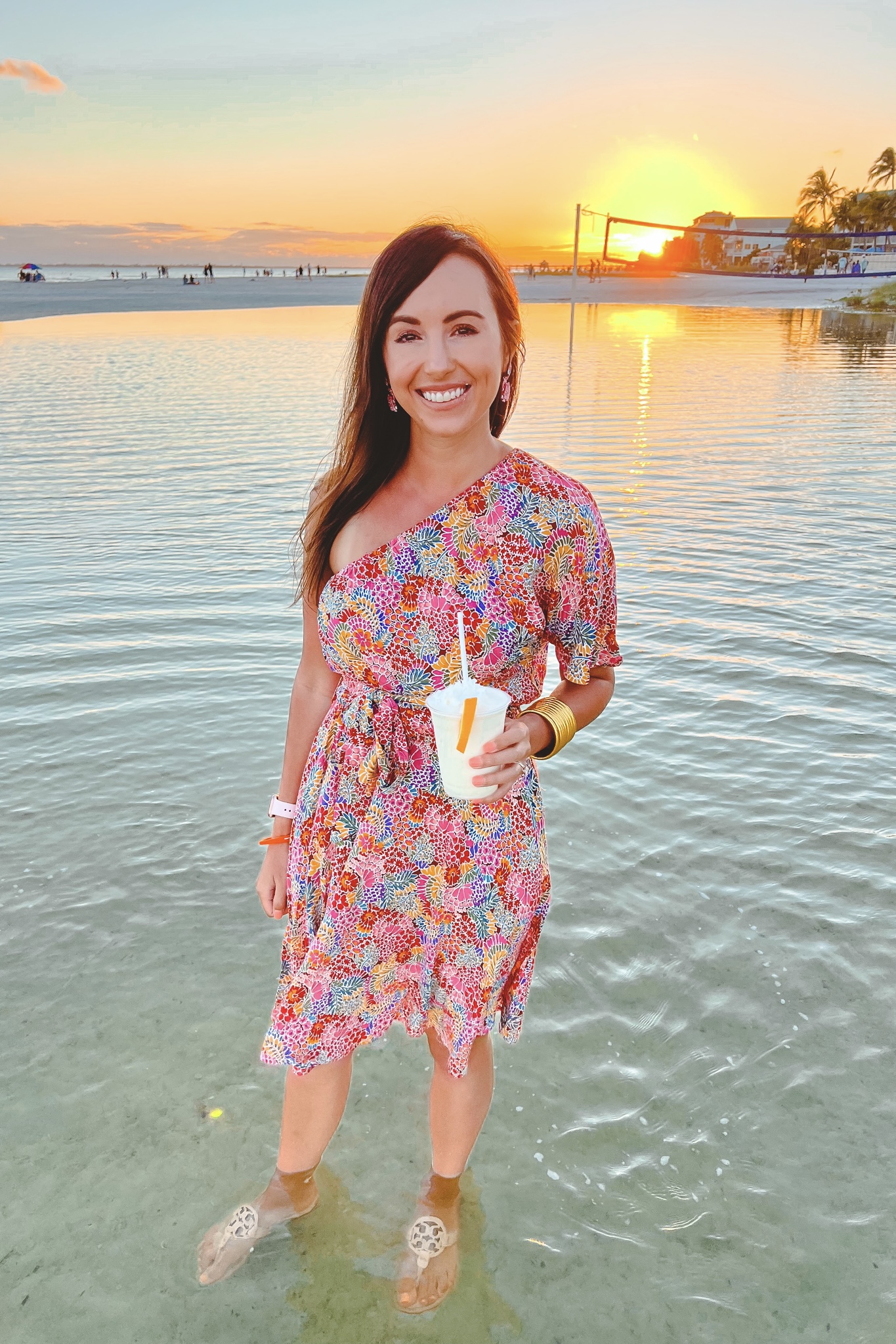 floral one shoulder dress with budhagirl bangles at fort myers beach sunset
