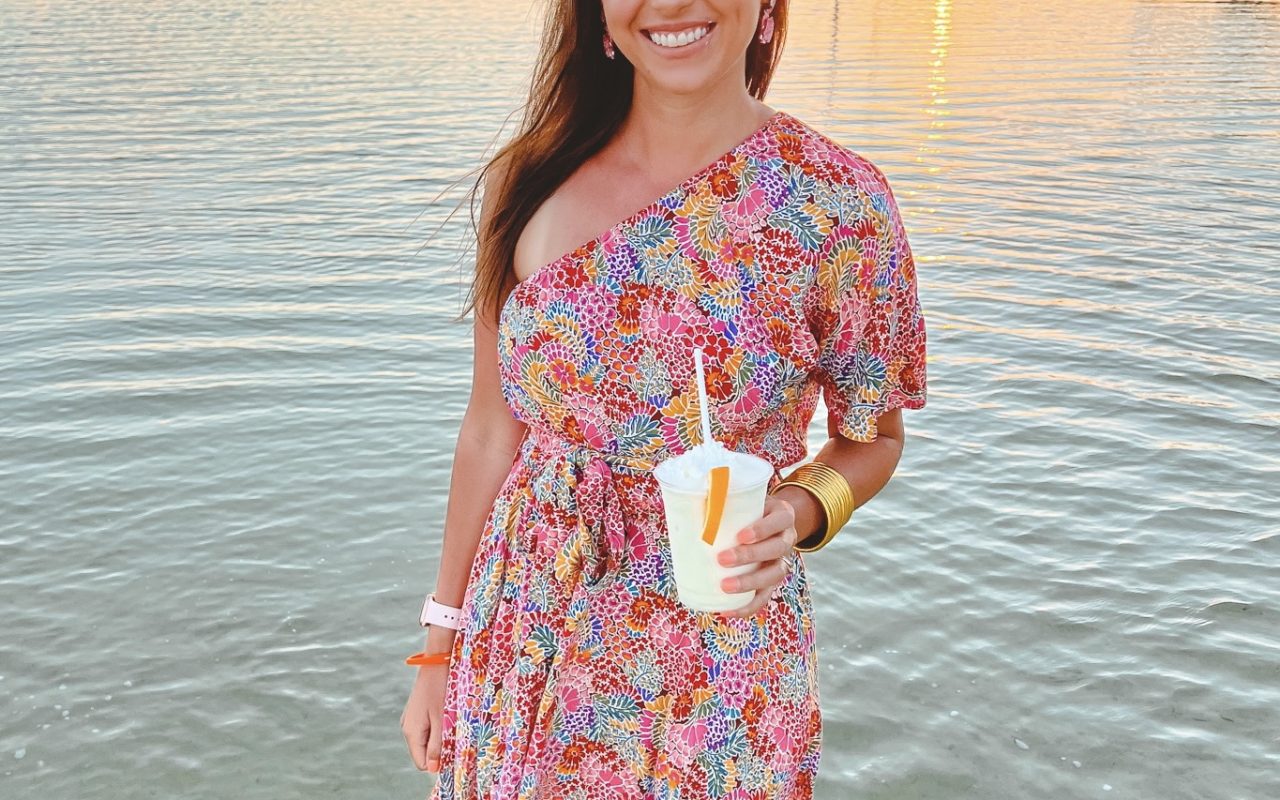 floral one shoulder dress with budhagirl bangles at fort myers beach
