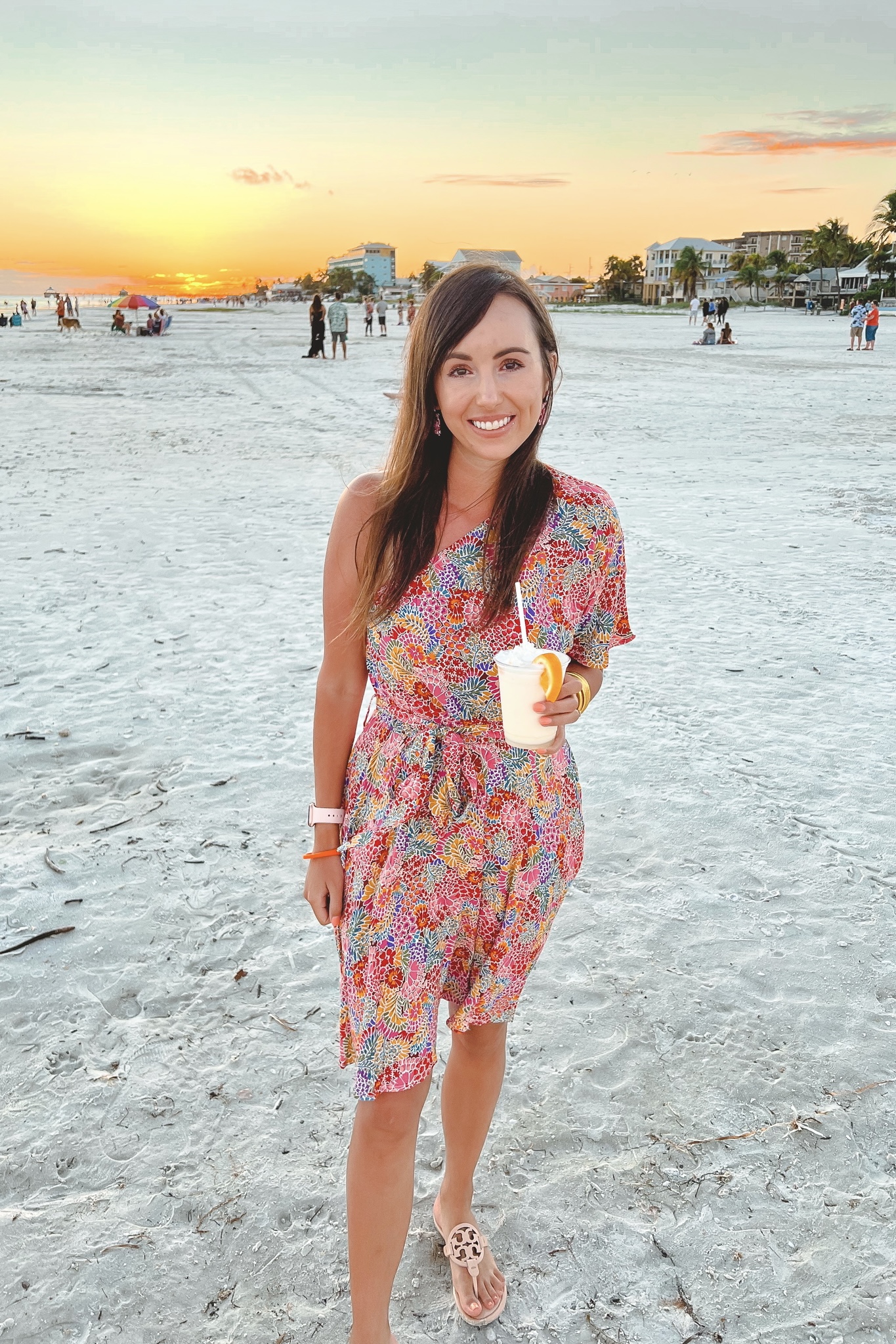 pink floral one shoulder dress with budhagirl bangles at fort myers beach sunset