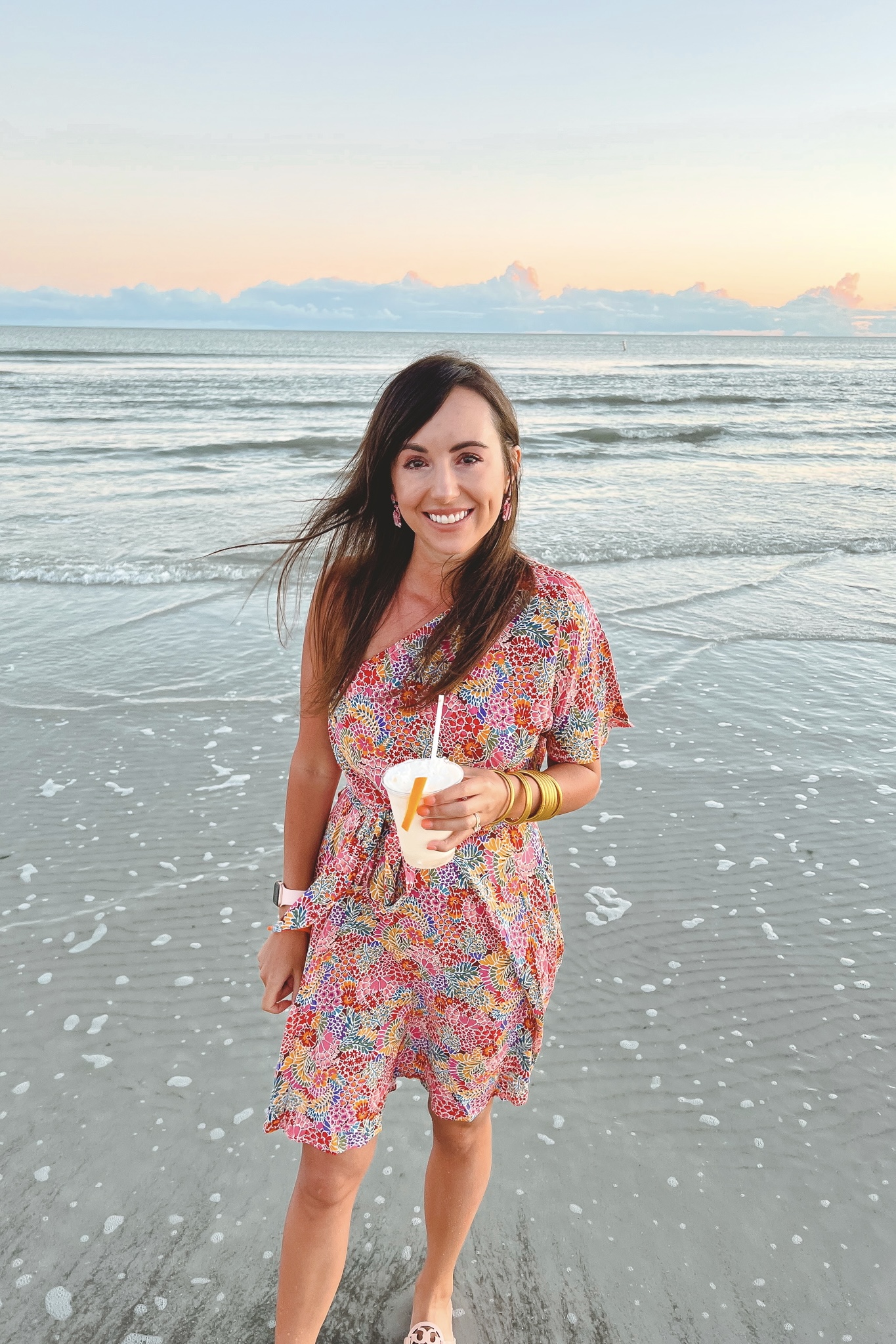 pink floral one shoulder dress with budhagirl bangles at fort myers beach