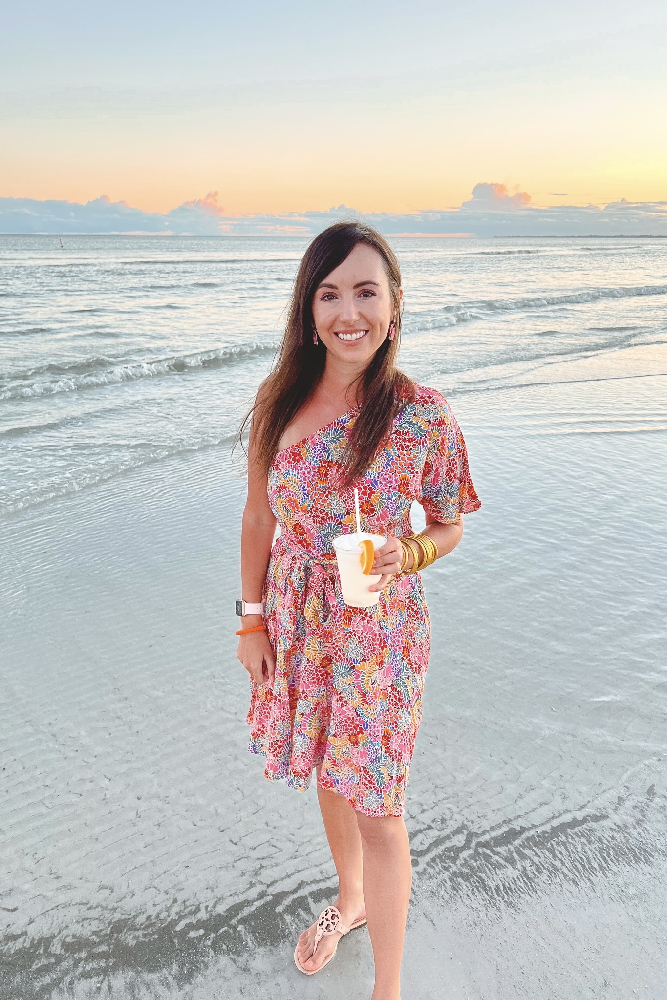 pink floral one shoulder dress with budhagirl bangles at fort myers beach florida
