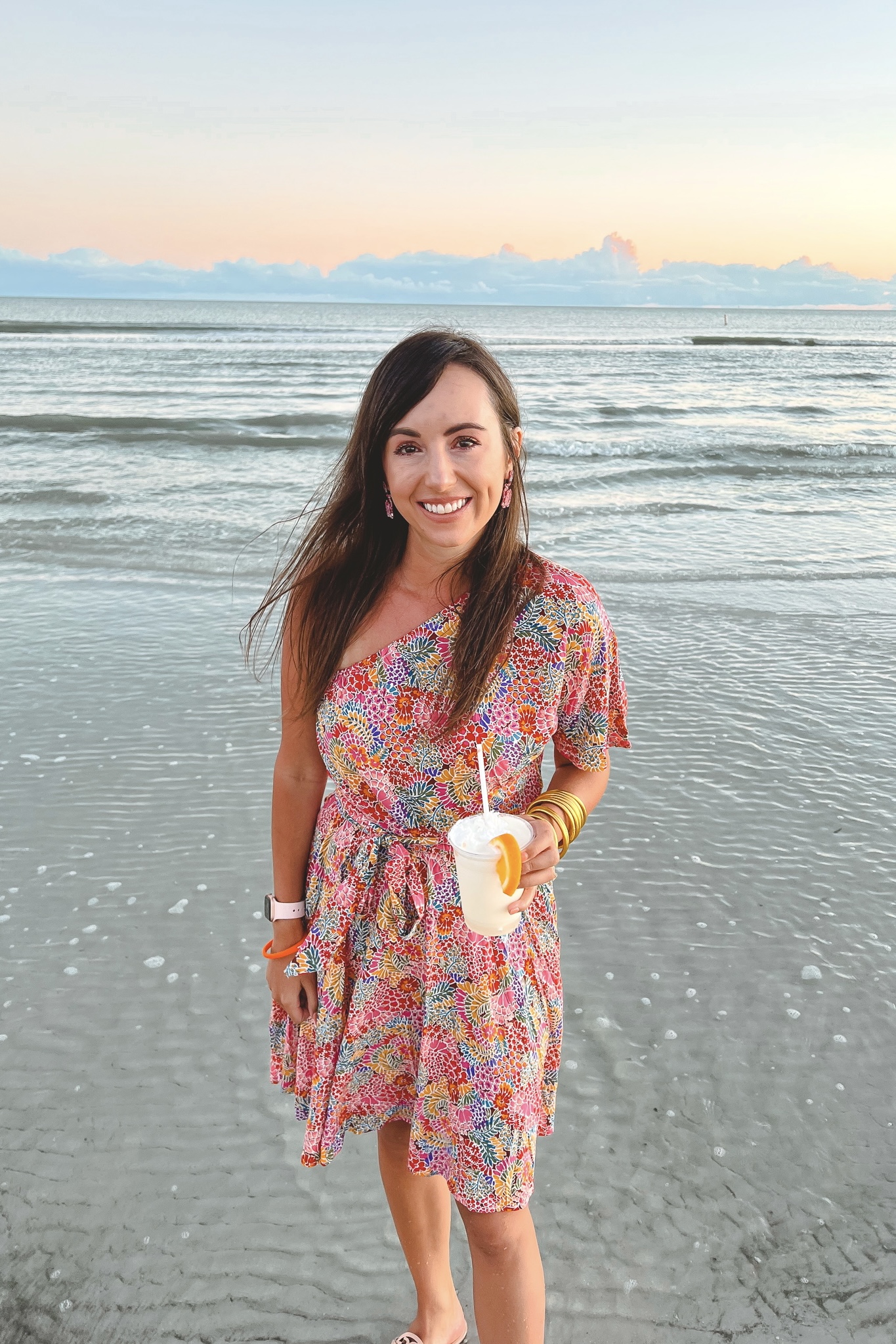 floral one shoulder dress with budhagirl bracelets at fort myers beach