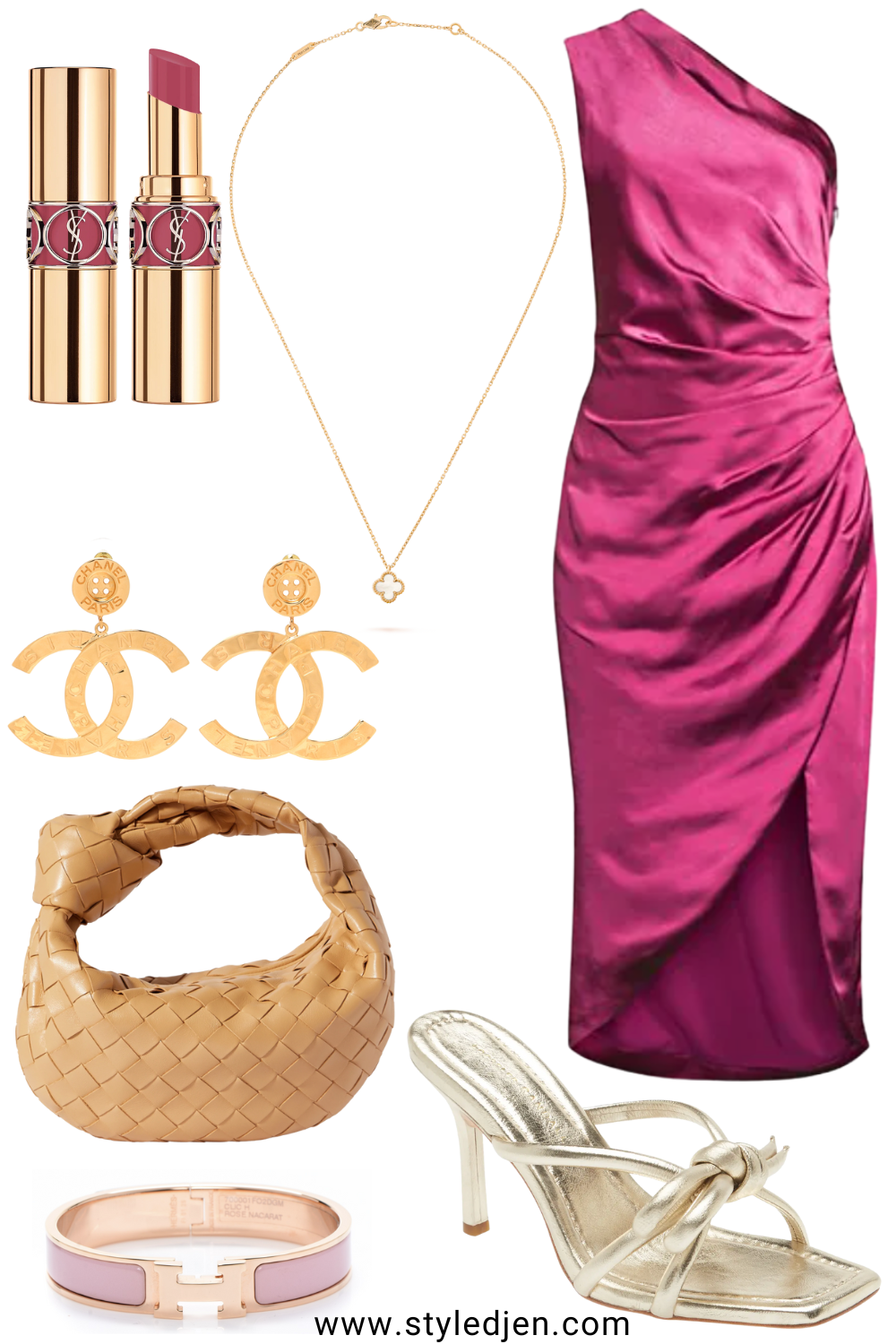 Elliatt Cassini Satin One-Shoulder berry Dress with loeffler randall bow heels and chanel earrings
