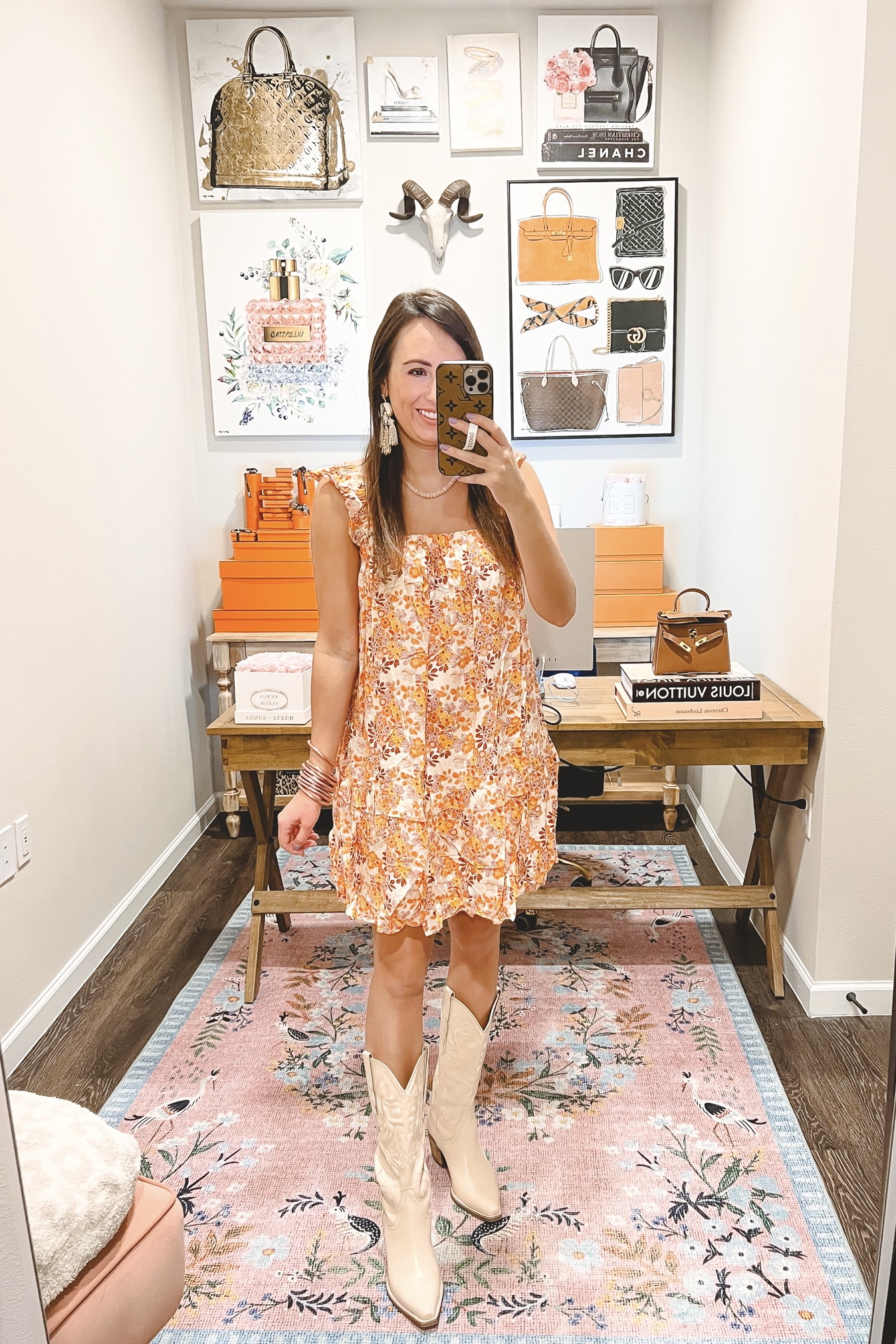 into the wildflowers orange floral dress with jeffrey campbell dagget boots
