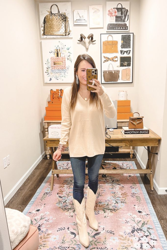 give it a rest beige sweater with jeffrey campbell dagget boots