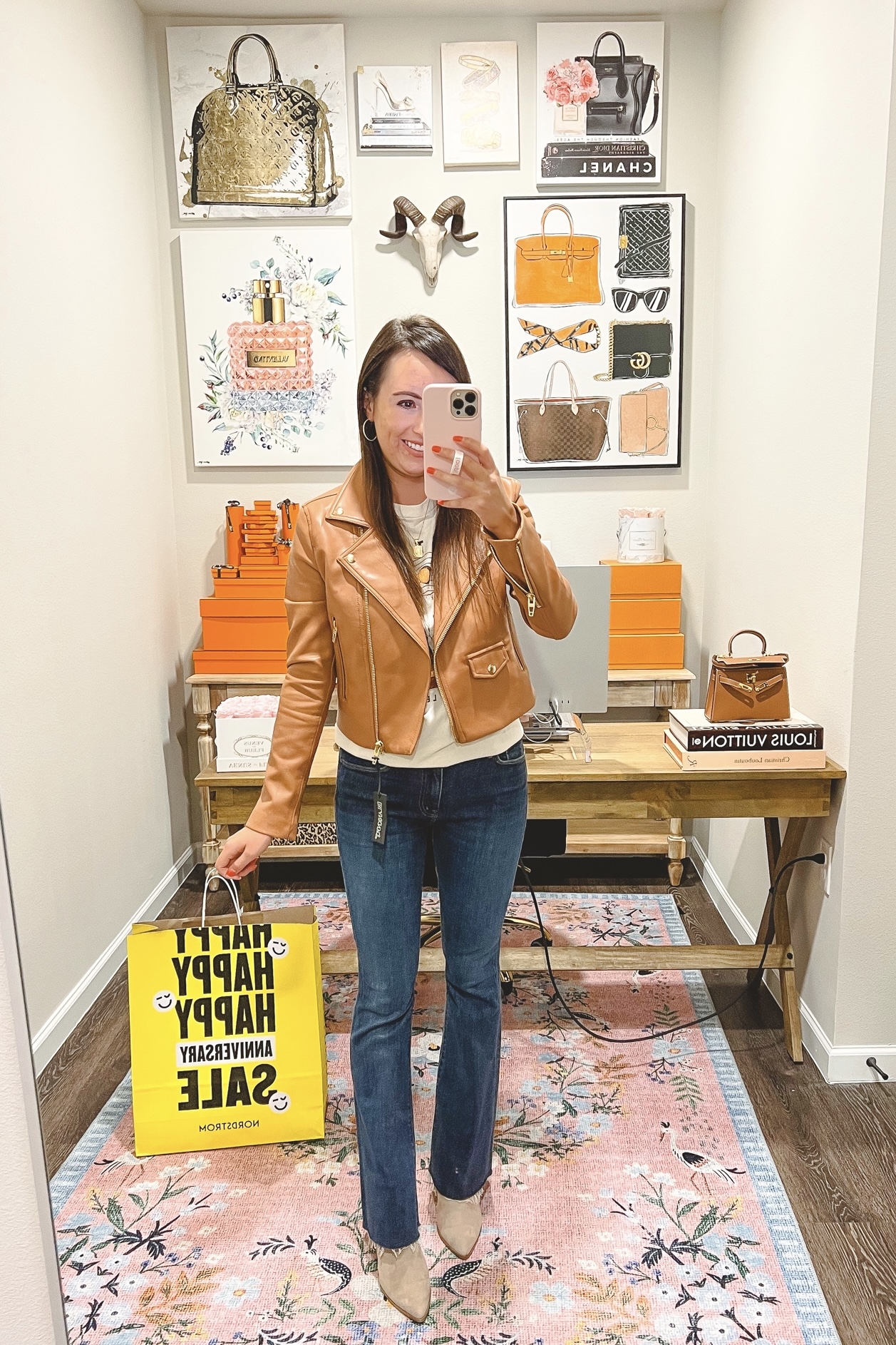 vinyl icons western tee with blanknyc caramel moto jacket and mother the weekender flares