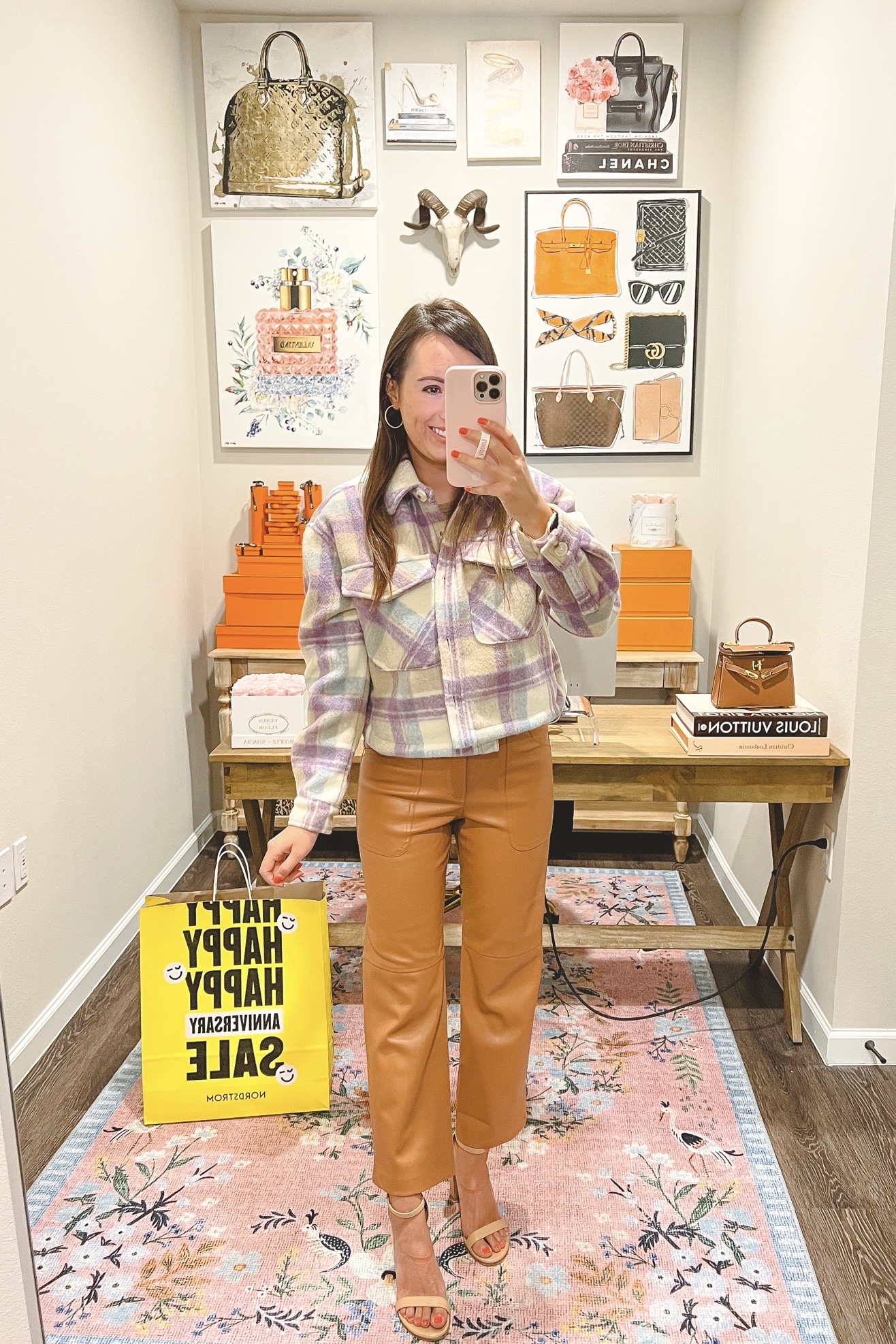 blanknyc lavender cropped plaid shacket with cognac faux leather pants and stuart weitzman heels