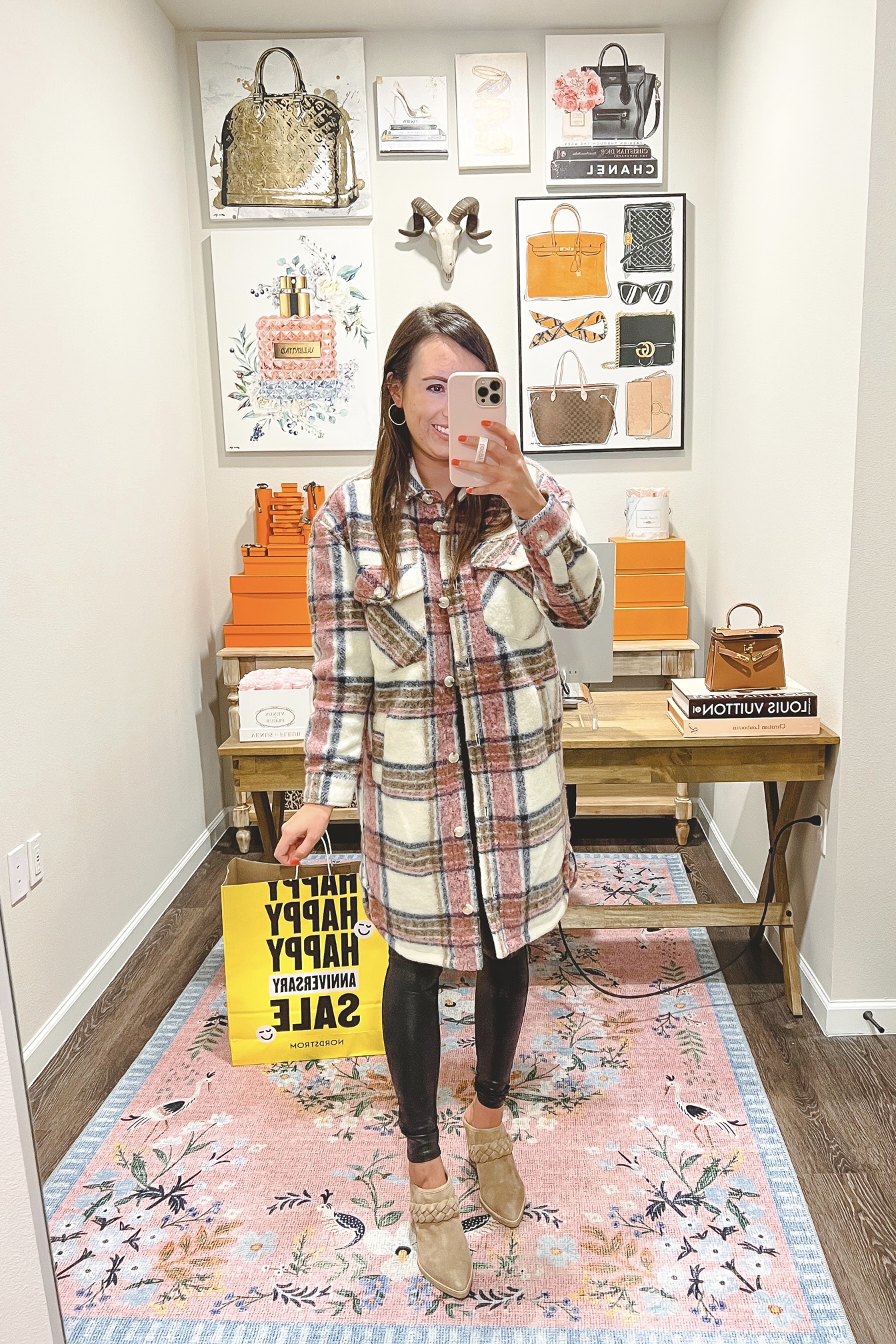 blanknyc pink long plaid shacket with spanx faux leather leggings and dolce vita mules